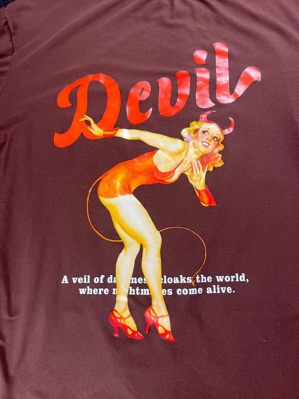 Manfinity Large Brown Short Sleeve T-Shirt Devil Pin-Up Graphic